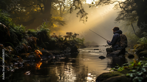 Early morning mist envelops a serene riverbank where a determined fisherman prepares for a day of angling