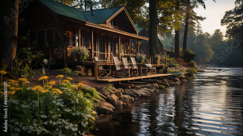 A pair of fishing rods leans against a rustic cabin, promising leisurely days by the river's edge