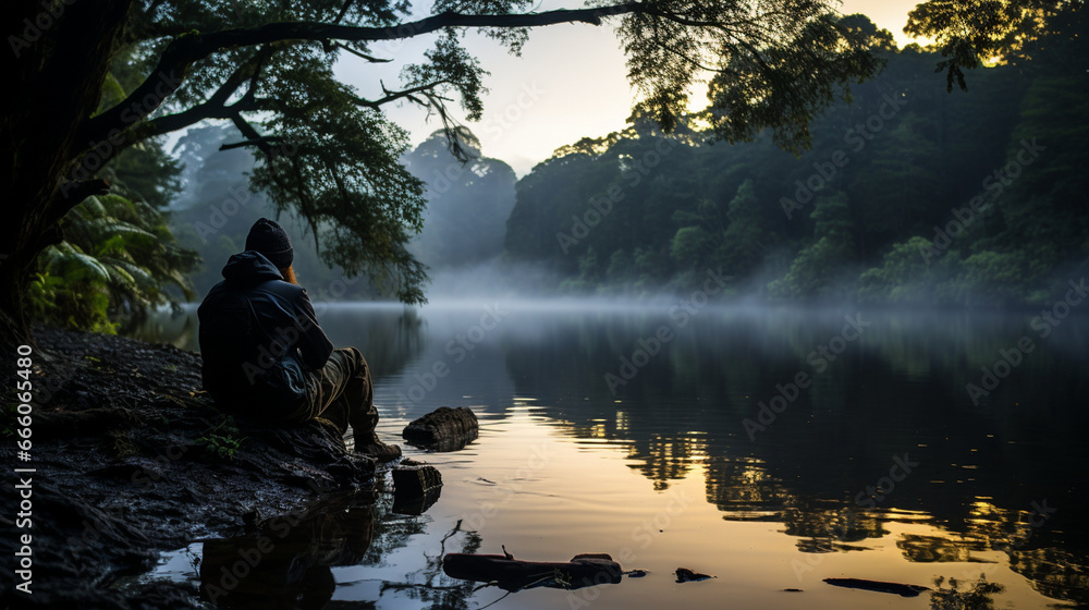 A fisherman's solitude: A lone angler finds peace and reflection while casting in the early hours of dawn by a remote riverbank