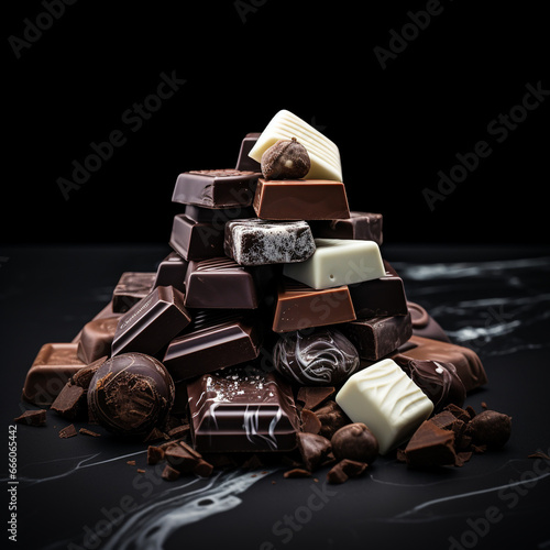 Chocolates in a pile on an unusual background, close-up shots, food for every day. photo