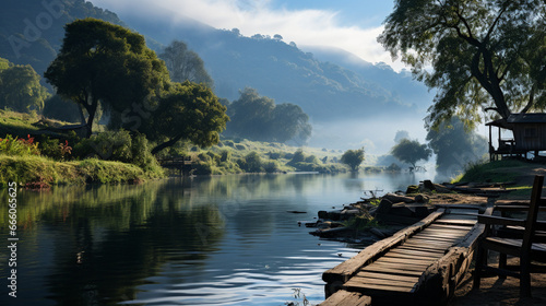 Serene simplicity: A rustic wooden pier extends into a still river, inviting a fisherman to enjoy a quiet day of angling