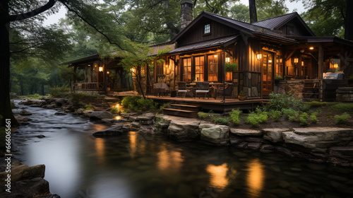 An angler's den: A cozy fishing cabin nestled by the river, providing a comfortable retreat for fishing enthusiasts