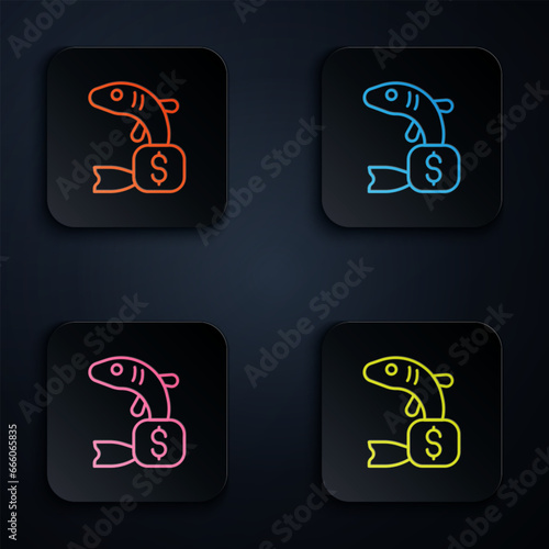Color neon line Price tag for fish icon isolated on black background. Set icons in square buttons. Vector