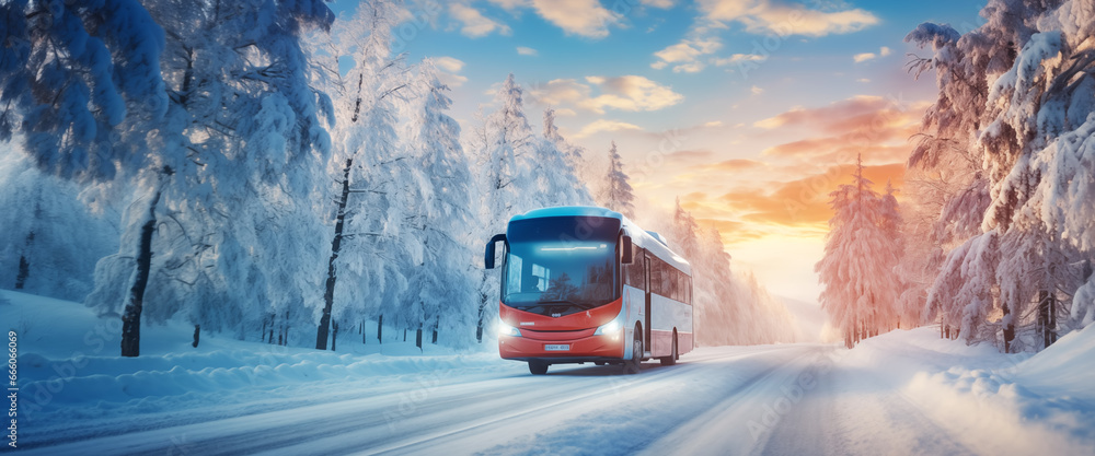 Bus on asphalt road in beautiful winter day at countryside in snowfall Bus on asphalt road in beautiful winter day at countryside in snowfall