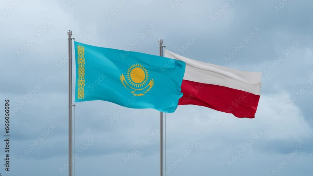 Poland and Kazakhstan flag waving together on cloudy sky, endless seamless loop, two country cooperation concept Poland and Kazakhstan flag waving together on cloudy sky, endless seamless loop, two country cooperation concept