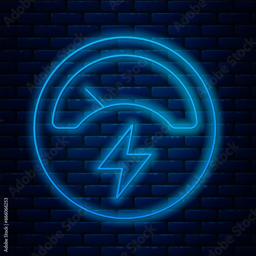 Glowing neon line Ampere meter, multimeter, voltmeter icon isolated on brick wall background. Instruments for measurement of electric current. Vector
