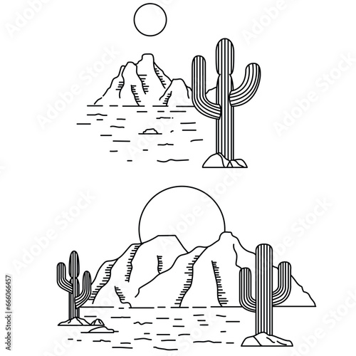 Cactus in desert line art landscape