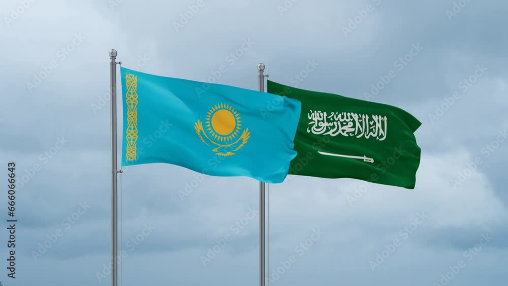 Kazakhstan and Saudi Arabia flags waving together on cloudy sky, endless seamless loop Kazakhstan and Saudi Arabia flags waving together on cloudy sky, endless seamless loop
