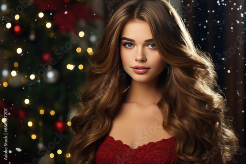 Close-up portrait of a woman against the background of the Christmas city