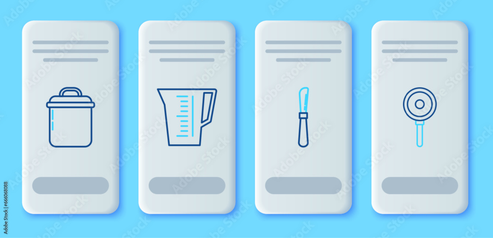 Set line Measuring cup, Knife, Cooking pot and Frying pan icon. Vector Set line Measuring cup, Knife, Cooking pot and Frying pan icon. Vector