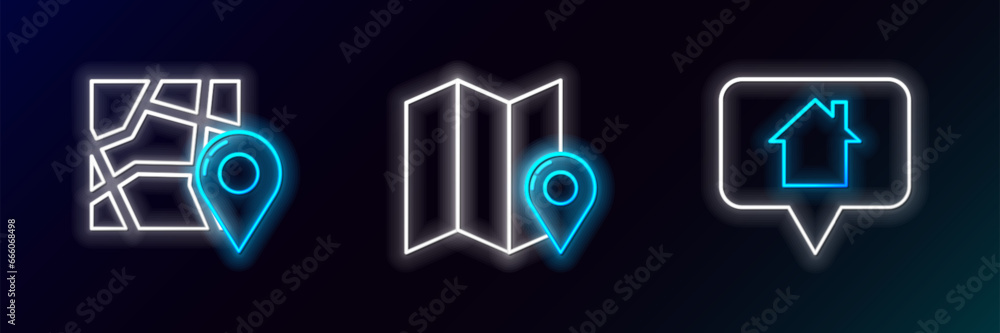 Set line Map pointer with house, Folded map location marker and icon. Glowing neon. Vector Set line Map pointer with house, Folded map location marker and icon. Glowing neon. Vector