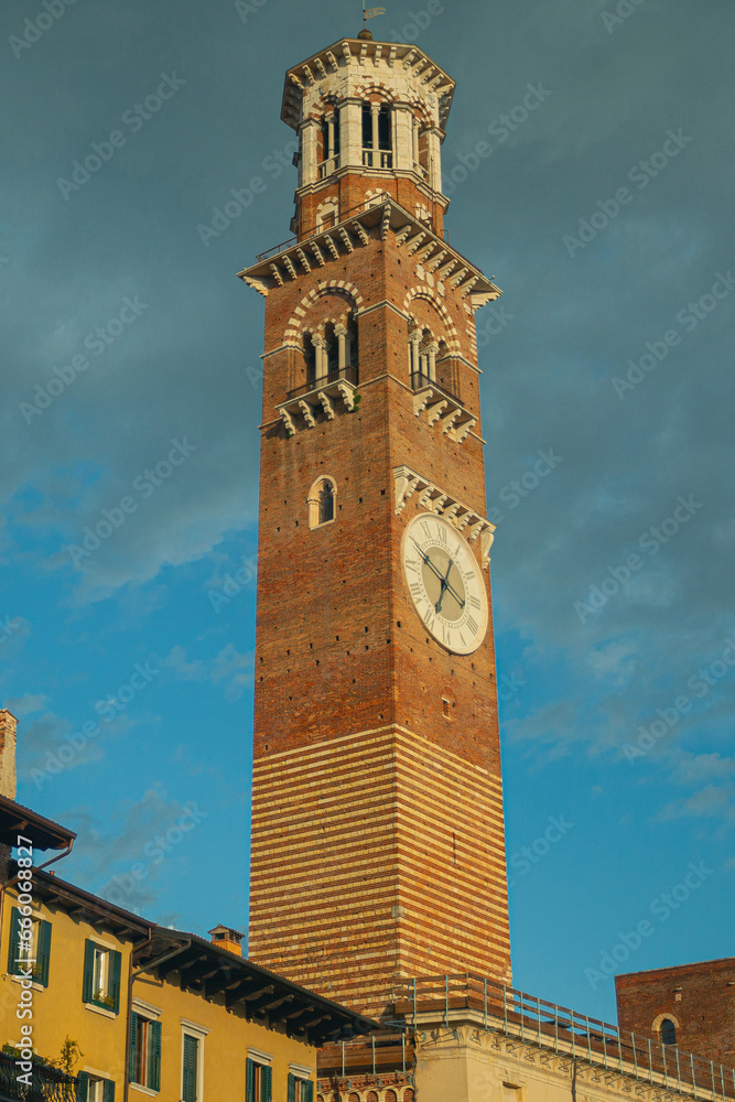 Fair Verona concept. The Torre dei Lamberti - high tower in the old city centre. Cloudy sky. Outdoor shot