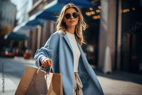A woman walks down the street with shopping bags, past shop windows