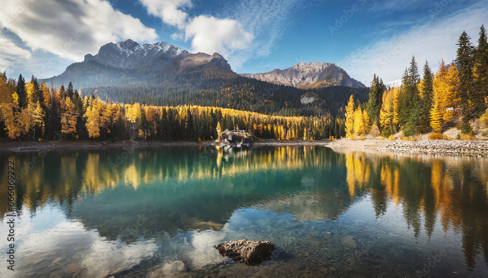 Autumn woods mirrored in a lake. Vibrant autumn sunrise in the mountainous terrain. Scenic morning at a mountain lake. Fall season in Canada.