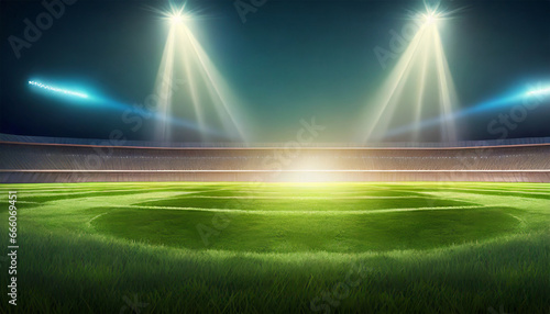 Illuminated grassy field with spotlight beams, night stadium view reflected on the lawn © Tatiana
