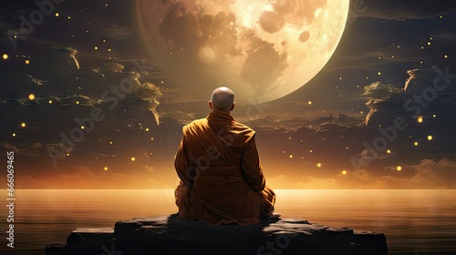  a monk sitting on a rock looking at the moon and stars.  generative ai