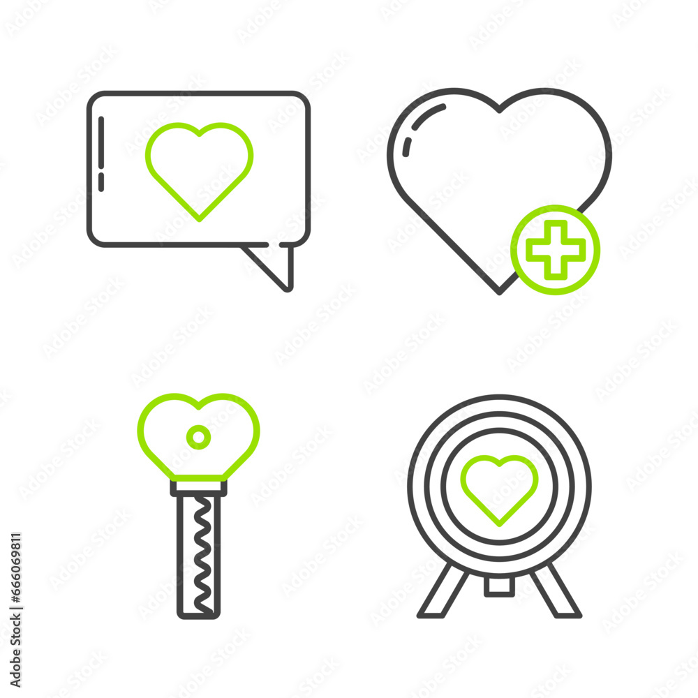 Set line Heart in the center of darts target aim, Key heart shape, and Like and icon. Vector Set line Heart in the center of darts target aim, Key heart shape, and Like and icon. Vector