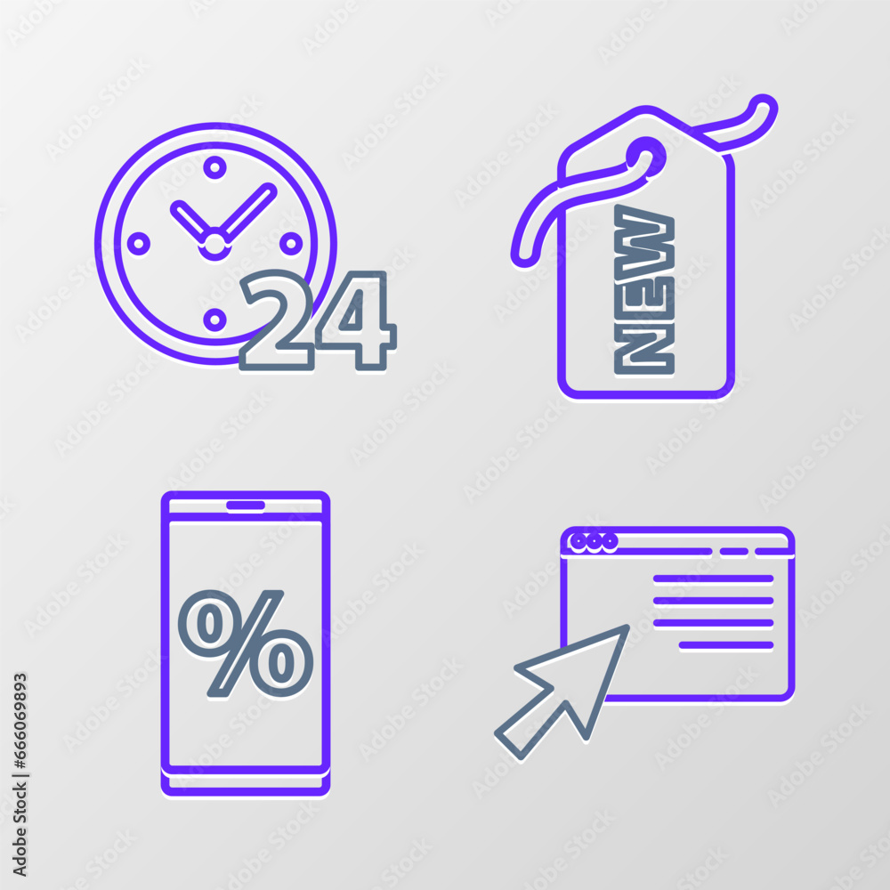 Set line Online shopping on screen, Percent discount and mobile, Price tag with New and Clock 24 hours icon. Vector Set line Online shopping on screen, Percent discount and mobile, Price tag with New and Clock 24 hours icon. Vector