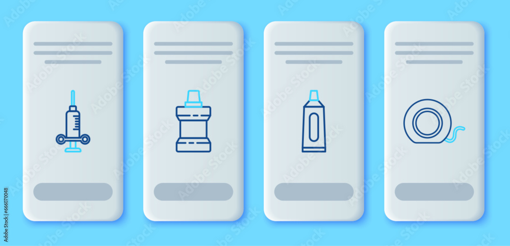 Set line Mouthwash plastic bottle, Tube of toothpaste, Dental medical syringe and floss icon. Vector