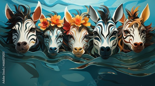  a group of zebras floating on top of a body of water.  generative ai