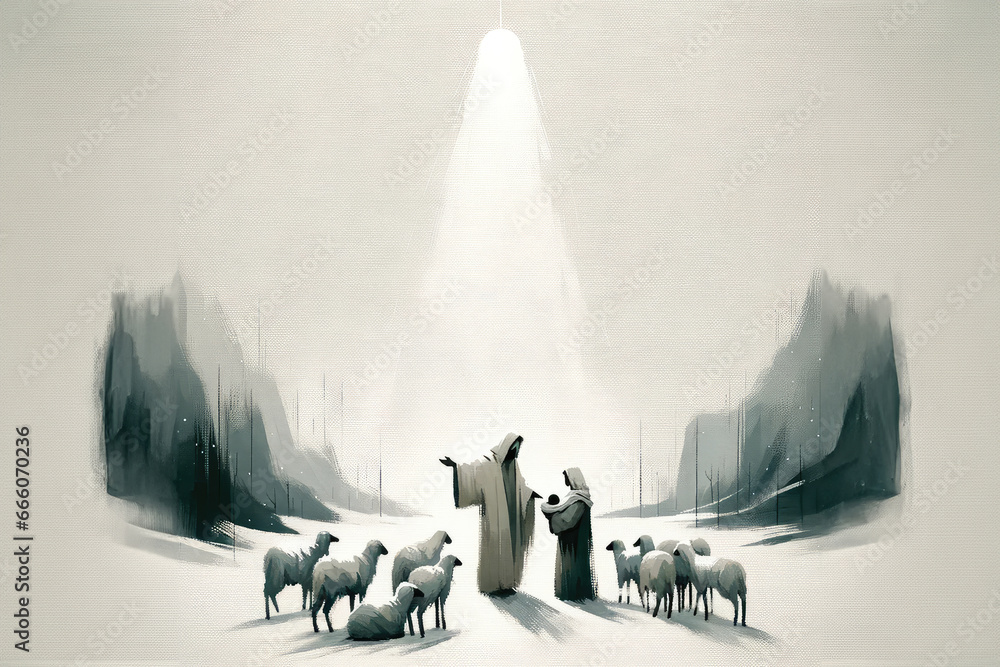 Christmas Nativity Scene. The shepherds visiting Jesus. Black and white artwork - obrazy, fototapety, plakaty 