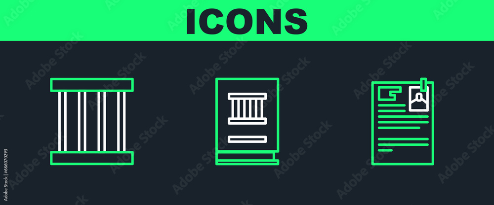 Obraz premium Set line Lawsuit paper, Prison window and book icon. Vector