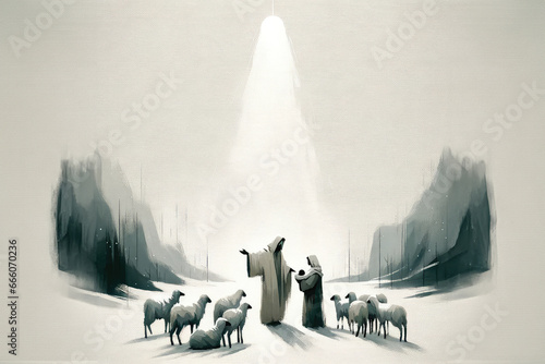 Christmas Nativity Scene. The shepherds visiting Jesus. Black and white artwork photo