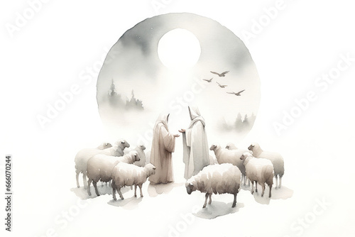 Christmas Nativity Scene. The shepherds visiting Jesus. Watercolor illustration  photo