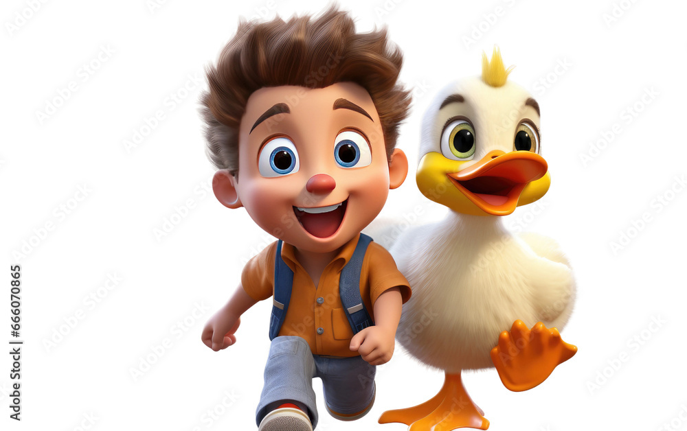 Excited Boy Strolling and Walking with a Small Duck 3D Character Isolated on Transparent Background PNG.