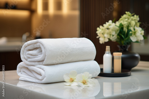 White towels with jars of cream in the interior of the spa salon
