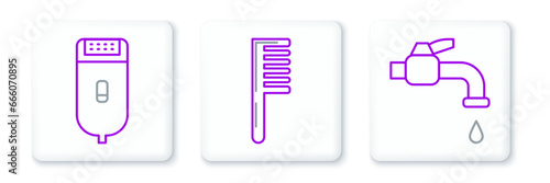 Set line Water tap, Electrical hair clipper or shaver and Hairbrush icon. Vector