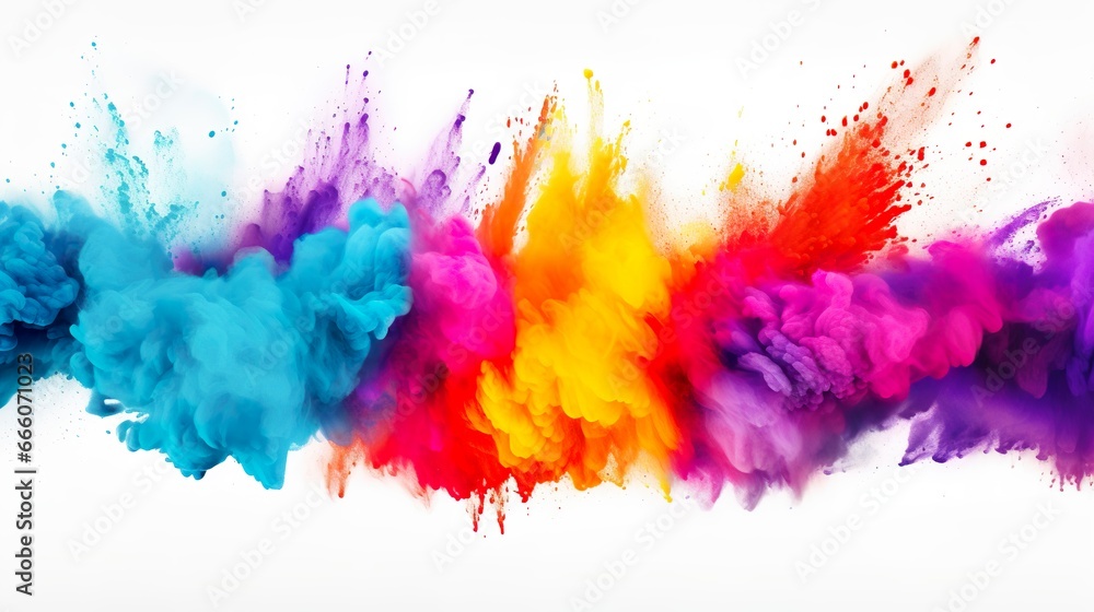 Vibrant Holi Explosion: Colorful Rainbow Powder Burst in Wide Panorama, Isolated on White for Web Background, Banner