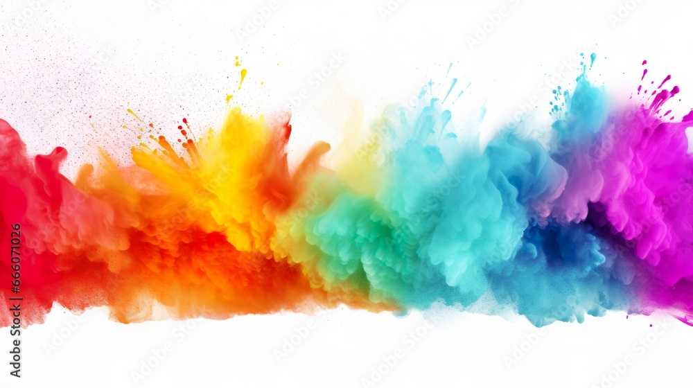 Vibrant Holi Explosion: Colorful Rainbow Powder Burst in Wide Panorama, Isolated on White for Web Background, Banner