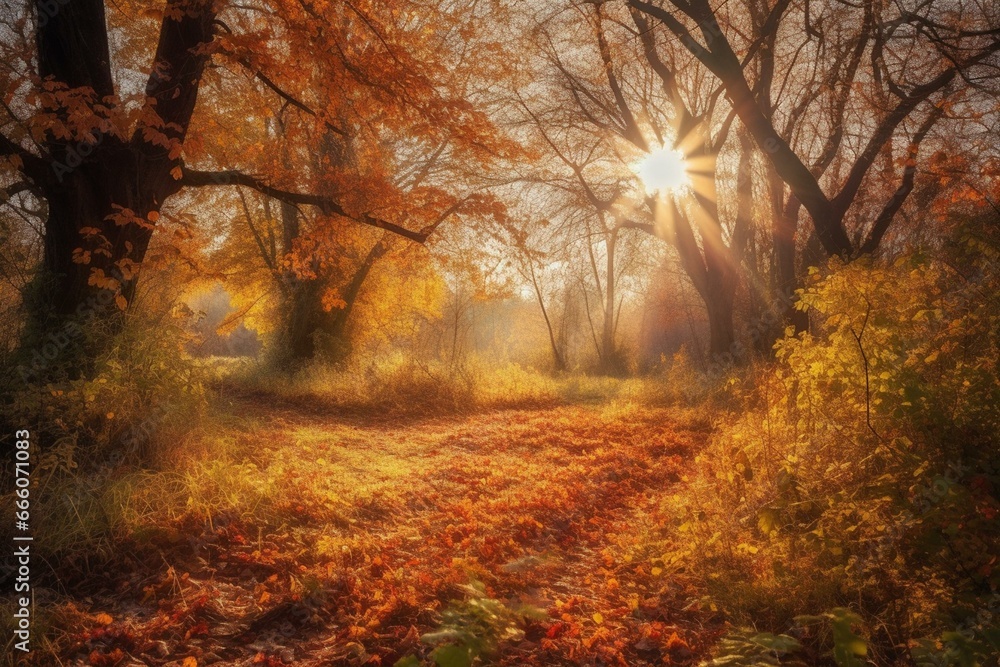 A picturesque autumn landscape with sunlight streaming through falling leaves. Generative AI