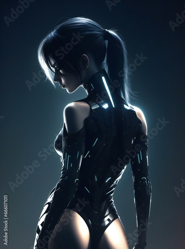 Sexy woman in black latex costume,  Futuristic style,  Dark background
