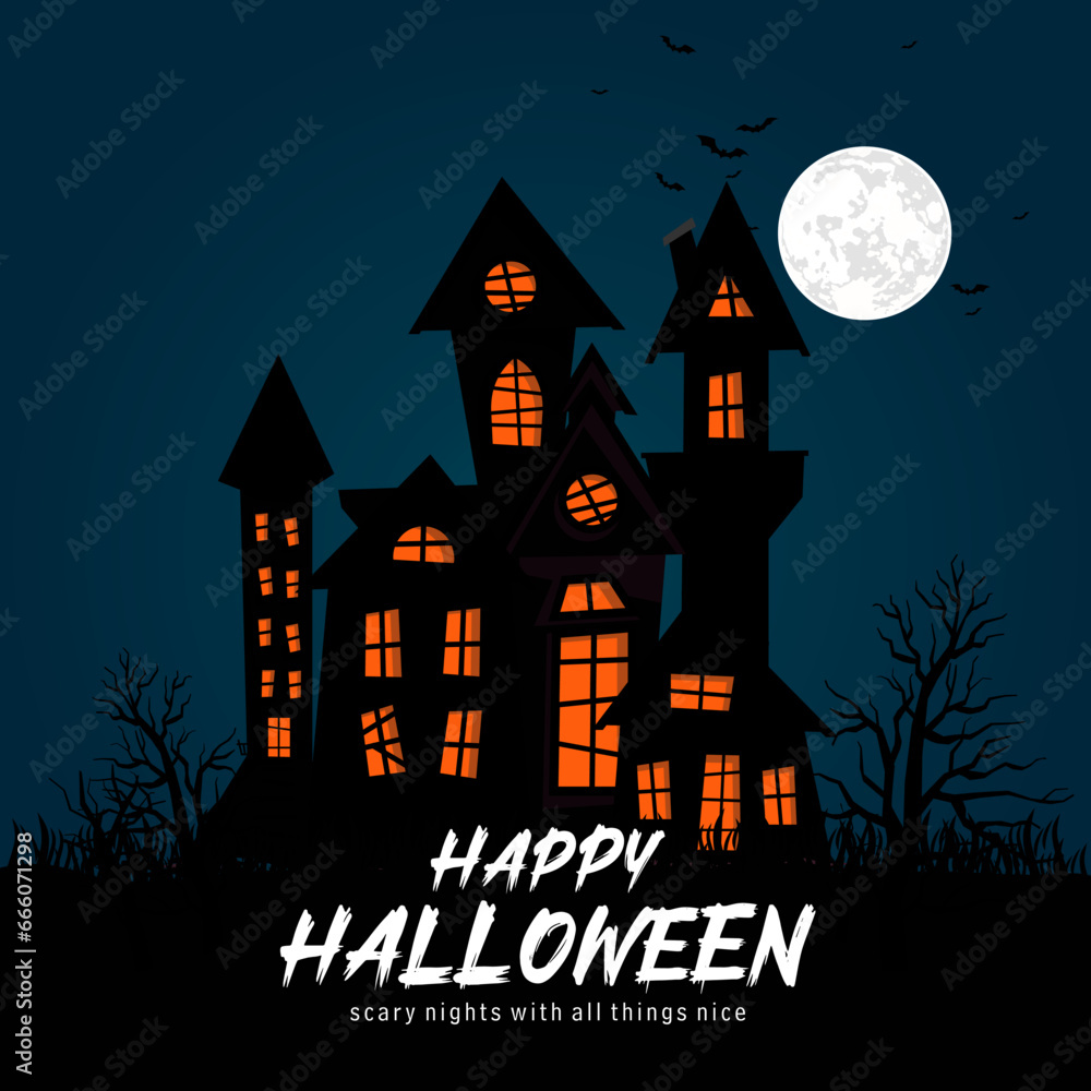 Happy Halloween Full Moon night background with scary house for festival celebration.