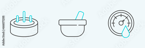Set line Sauna thermometer  Swimming pool with ladder and Mortar and pestle icon. Vector