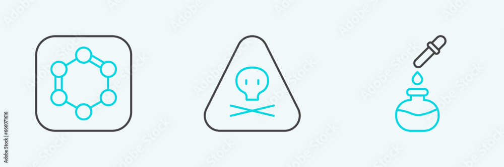 Set line Test tube and flask, Formula of benzene rings and Triangle warning toxic icon. Vector Set line Test tube and flask, Formula of benzene rings and Triangle warning toxic icon. Vector