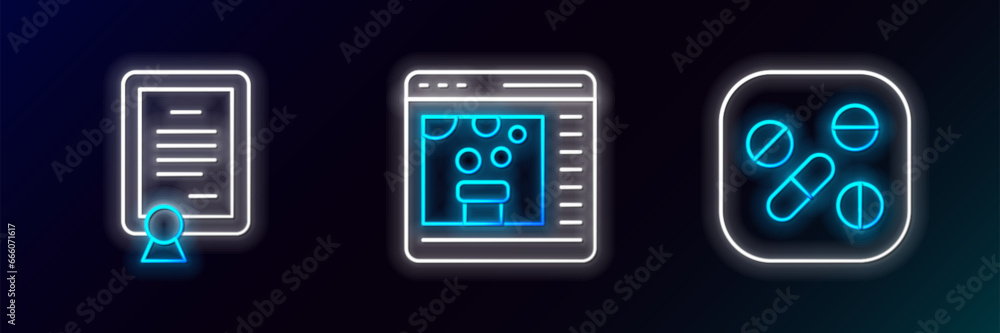 Set line Medicine pill or tablet, Certificate template and Chemical online icon. Glowing neon. Vector