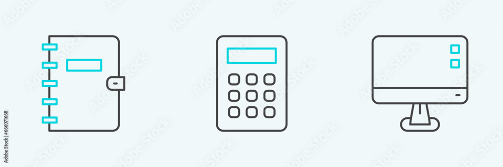 Set line Computer monitor screen, Spiral notebook and Calculator icon. Vector Set line Computer monitor screen, Spiral notebook and Calculator icon. Vector