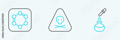 Set line Test tube and flask, Formula of benzene rings and Triangle warning toxic icon. Vector