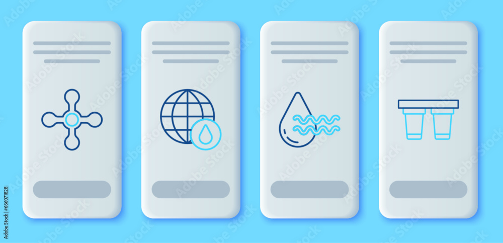 Set line Earth planet in water drop, Recycle clean aqua, Water tap and filter icon. Vector