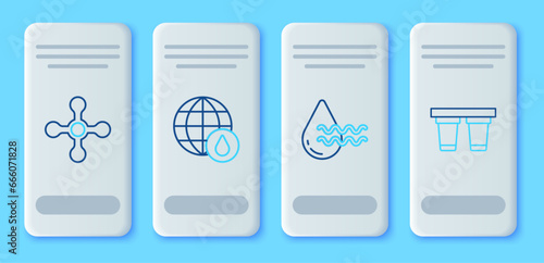Set line Earth planet in water drop, Recycle clean aqua, Water tap and filter icon. Vector