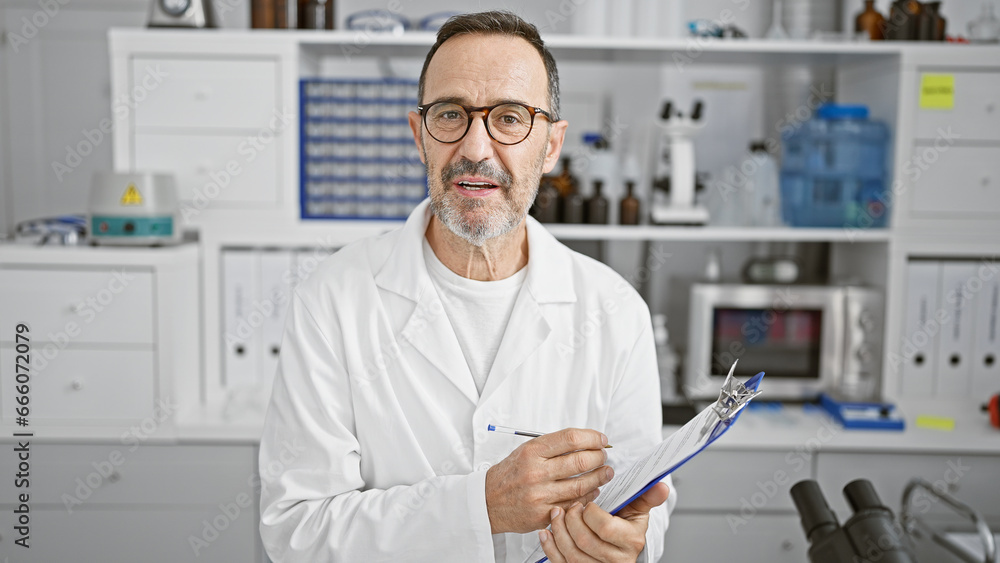 Happy middle age man with grey hair, a seasoned scientist, speaking as he works on an experiment in his lab, clipboard in hand Happy middle age man with grey hair, a seasoned scientist, speaking as he works on an experiment in his lab, clipboard in hand