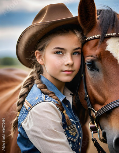 portrait of a beautiful teen cowgirl who embrace her pony , close up , illustration. generative ai
