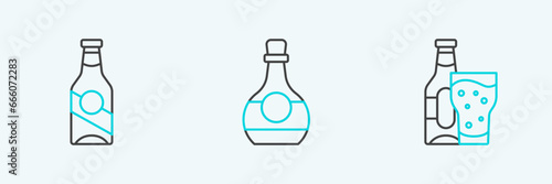 Set line Beer bottle and glass, and Bottle of cognac or brandy icon. Vector