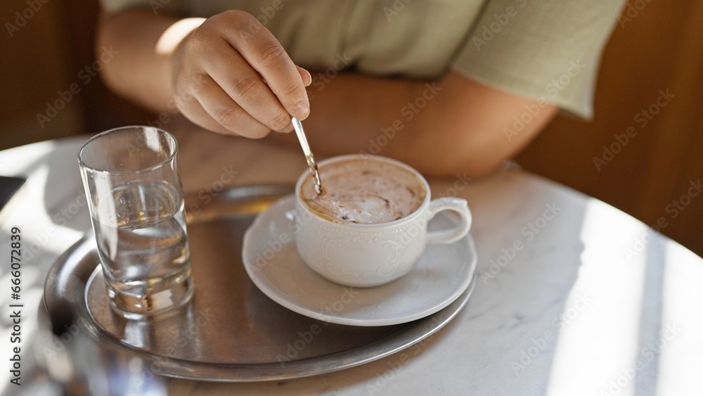 Young beautiful hispanic woman drinking coffee sitting on the table at cafeteria