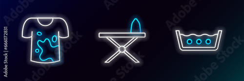 Set line Temperature wash, Dirty t-shirt and Iron and ironing board icon. Glowing neon. Vector