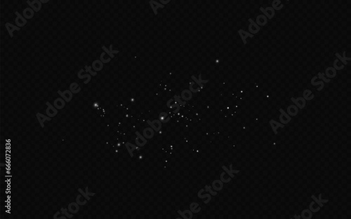 Dust sparks and stars shine with a special light. Christmas light effect. Glittering particles of magic dust.Vector sparkles on a transparent background.