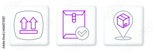 Set line Location with cardboard box, This side up and Envelope and check mark icon. Vector